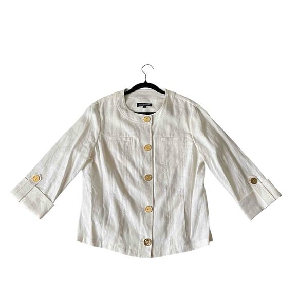 Jones New York Jackets & Blazers - Jones New York Women's Collarless Button-Front Jacket White 100% Linen Size L